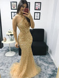 Hermosos vestidos de fiesta de sirena de tul con cuentas, cuello halter, sin mangas