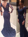 Hermosos vestidos de fiesta de sirena con escote en V, mangas largas y apliques de encaje