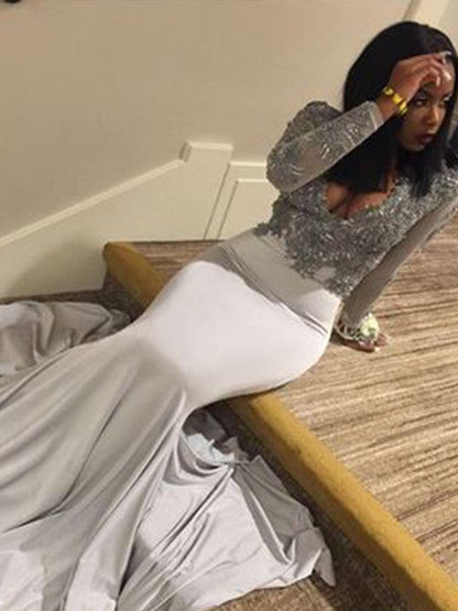 Hermosos vestidos de fiesta de satén con apliques y mangas largas con escote en V y corte sirena