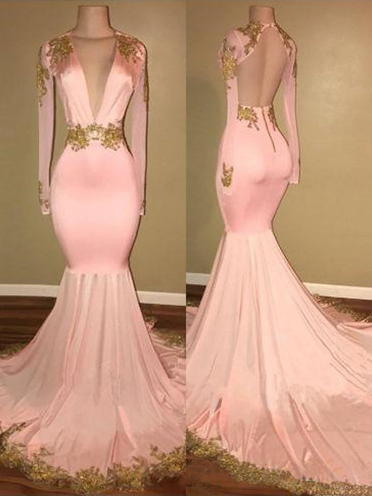 Hermosos vestidos de fiesta con apliques de satén de seda y mangas largas con escote en V y corte sirena