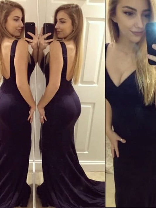 Hermosos vestidos de fiesta de jersey sin mangas con escote en V y corte sirena