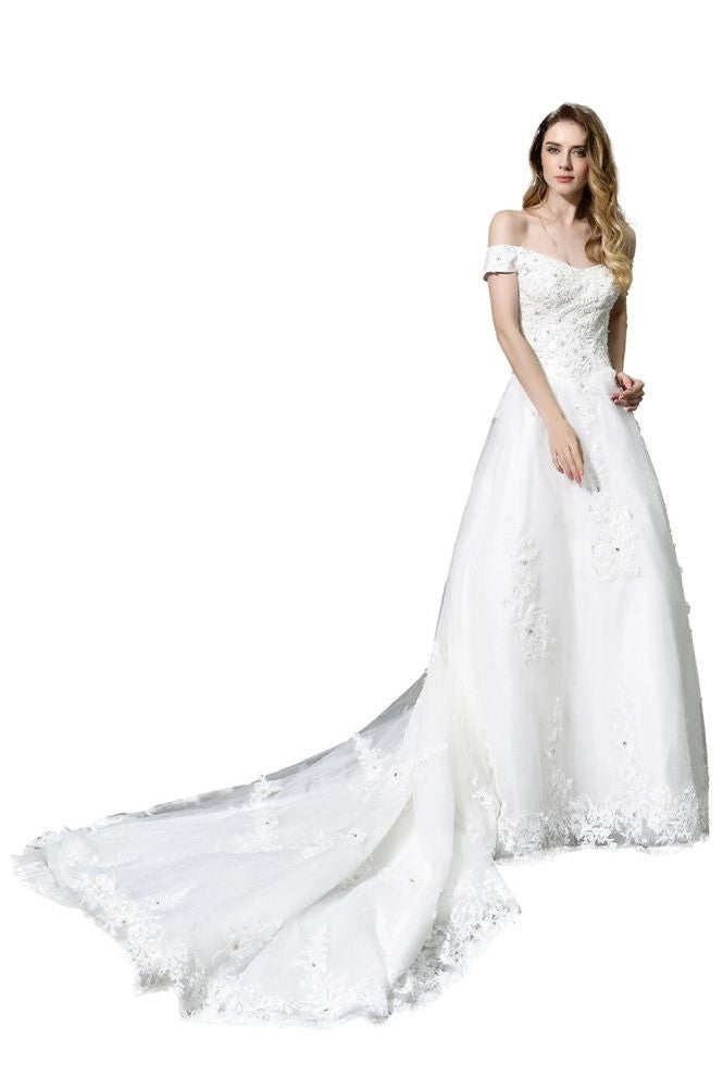 Gorgeous Off the Shoulder White aline Bridal Gown Garden Lace Appliques Wedding Dress