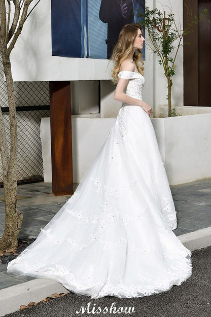 Gorgeous Off the Shoulder White aline Bridal Gown Garden Lace Appliques Wedding Dress
