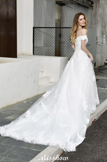 Gorgeous Off the Shoulder White aline Bridal Gown Garden Lace Appliques Wedding Dress