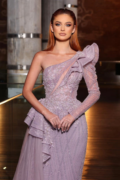 Wunderschönes A-Linien-Ballkleid mit einer Schulter, langen Ärmeln, Pailletten und Rüschen