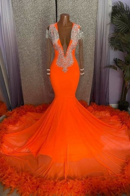Wunderschönes orangefarbenes Meerjungfrau-Ballkleid mit Quaste, V-Ausschnitt und langen Ärmeln