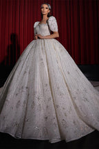 Precioso vestido de novia princesa de corte A con mangas cortas y encaje.