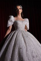 Precioso vestido de novia princesa de corte A con mangas cortas y encaje.