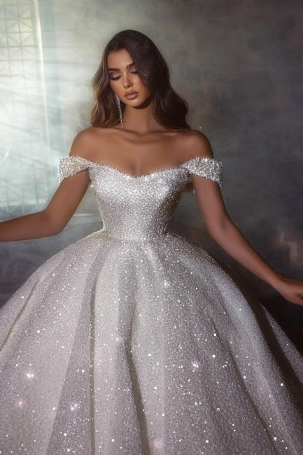 Wunderschöne Prinzessin A-Linie Off-the-Shoulder Brautkleider mit Glitzer