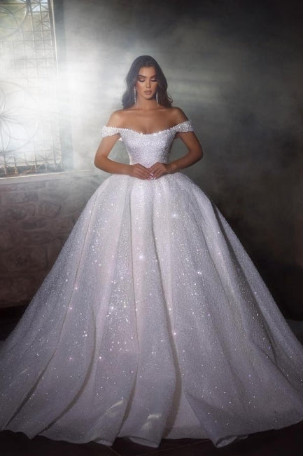 Wunderschöne Prinzessin A-Linie Off-the-Shoulder Brautkleider mit Glitzer