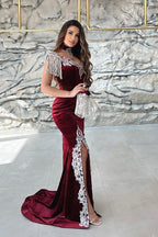 Gorgeous Red Sweetheart Column Appliques Sleeveless Split Front Floor-length Prom Dresses with Train
