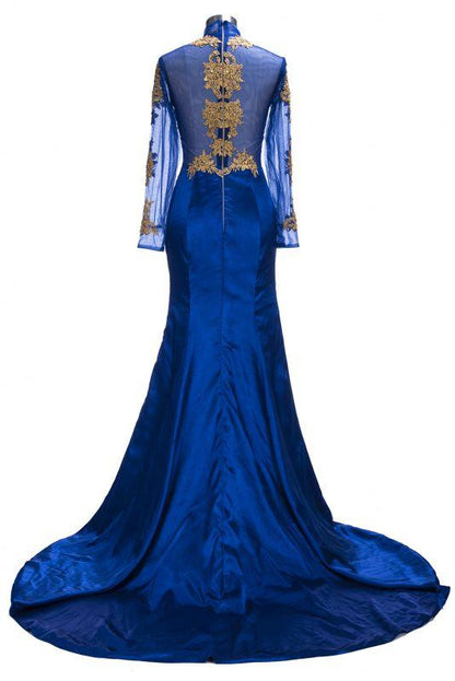Gorgeous Royal Blue Prom Dresses | Gold Appliques Side Slit Mermaid Evening Dresses