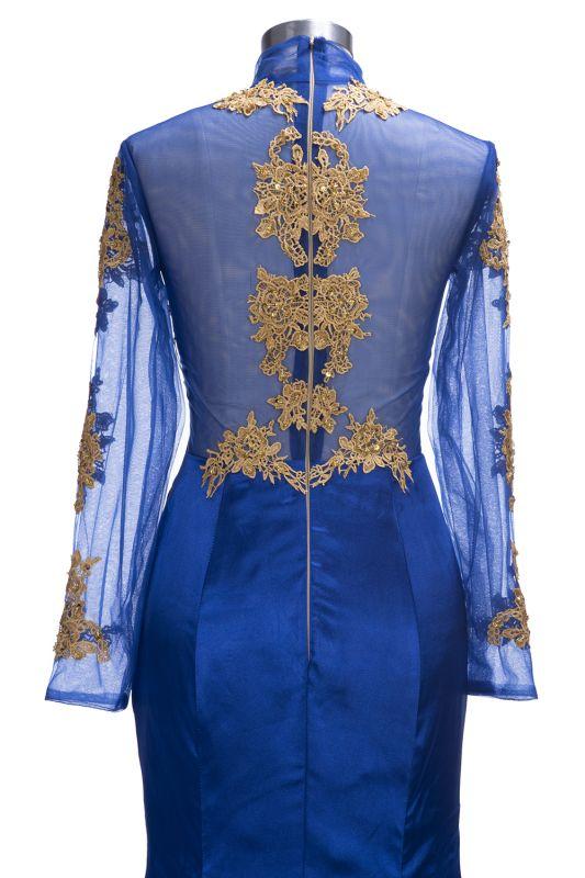 Preciosos vestidos de fiesta azul rey | Vestidos de noche de corte sirena con abertura lateral y apliques dorados