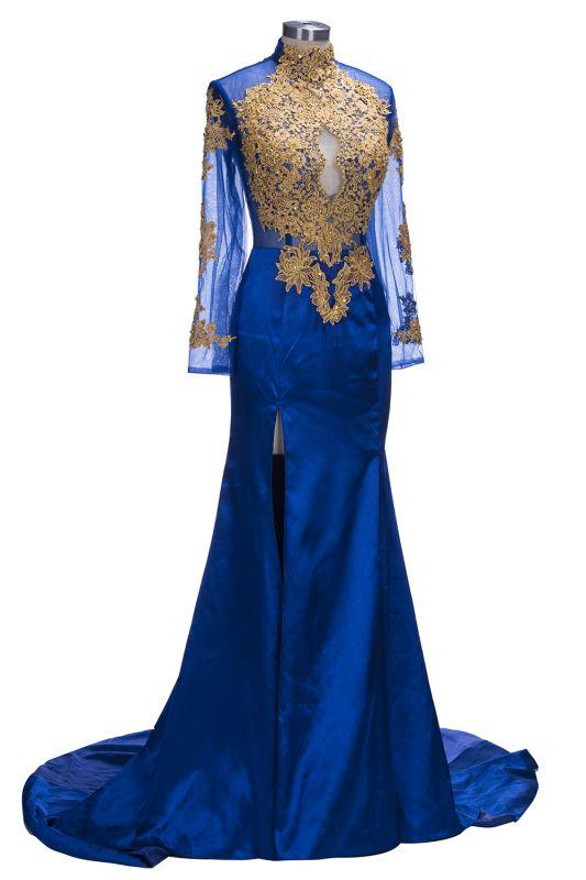 Preciosos vestidos de fiesta azul rey | Vestidos de noche de corte sirena con abertura lateral y apliques dorados