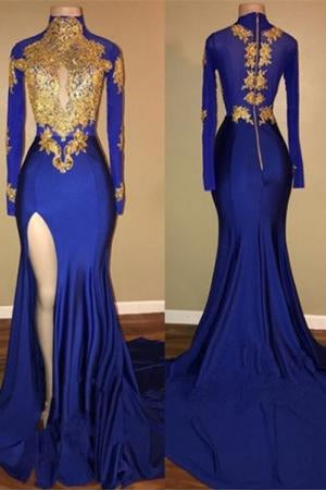 Preciosos vestidos de fiesta azul rey | Vestidos de noche de corte sirena con abertura lateral y apliques dorados