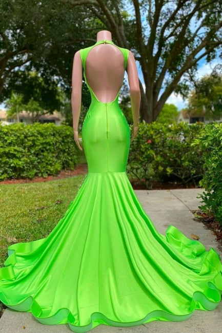 Wunderschönes, ärmelloses Meerjungfrauen-Ballkleid aus Stretch-Satin mit Pailletten und V-Ausschnitt und Applikationen
