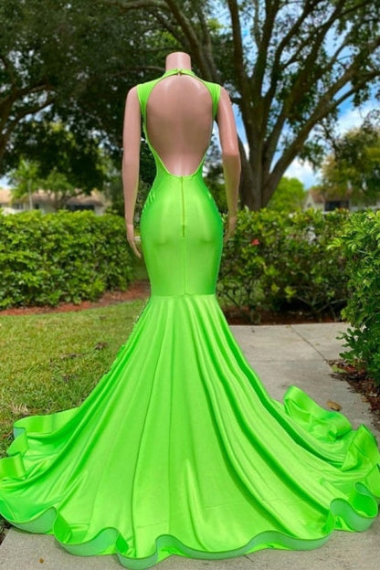 Wunderschönes, ärmelloses Meerjungfrauen-Ballkleid aus Stretch-Satin mit Pailletten und V-Ausschnitt und Applikationen