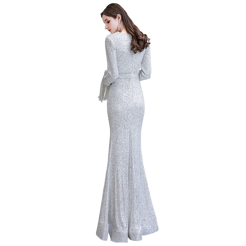 Hermosos vestidos de noche de sirena con escote en V y mangas largas con lentejuelas