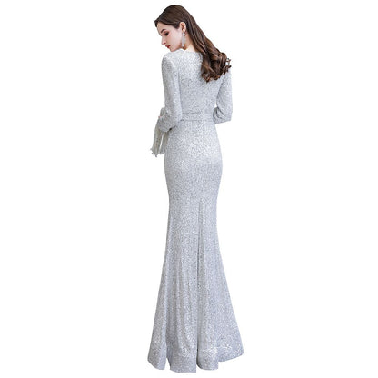 Hermosos vestidos de noche de sirena con escote en V y mangas largas con lentejuelas