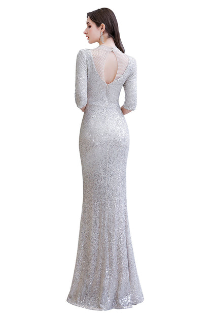 Wunderschönes silbernes langes Ballkleid mit langen Ärmeln