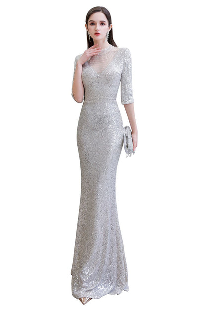 Wunderschönes silbernes langes Ballkleid mit langen Ärmeln