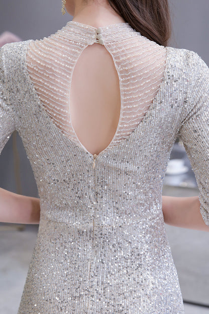 Wunderschönes silbernes langes Ballkleid mit langen Ärmeln