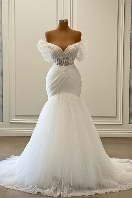 Wunderschönes ärmelloses, trägerloses, schulterfreies Meerjungfrau-Brautkleid