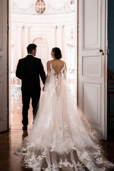Gorgeous Spaghetti Straps Sleeveless A-Line Tulle Wedding Dresses with Pattern