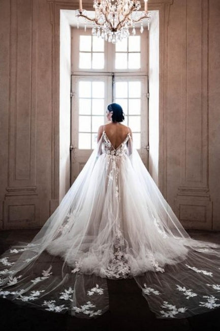 Gorgeous Spaghetti Straps Sleeveless A-Line Tulle Wedding Dresses with Pattern