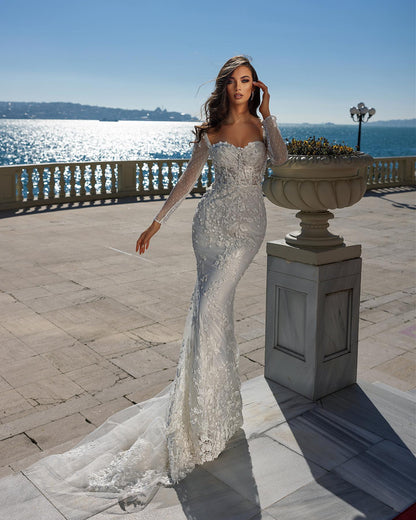 Gorgeous Sweetheart Long Sleeve Lace Mermaid Wedding Dress With Detachable Train