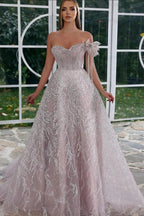 Wunderschönes schulterfreies A-Linien-Ballkleid mit Herzausschnitt und Perlenbesatz