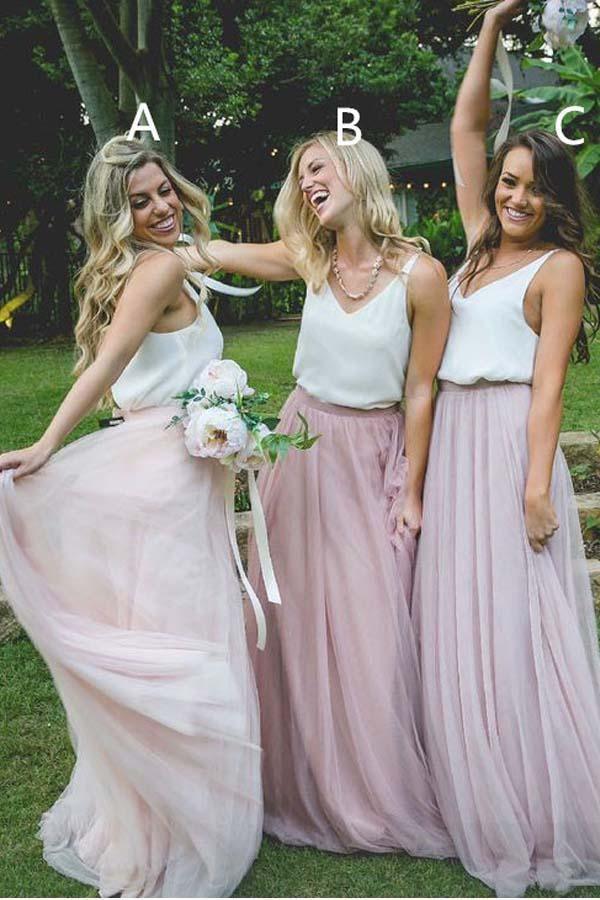 Hermoso vestido largo de dama de honor de dos piezas de tul rosa con top blanco BD069