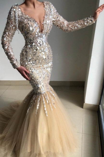 Gorgeous V-Neck Long-Sleeve Mermaid Floor-Length Prom Dresses with Sequins