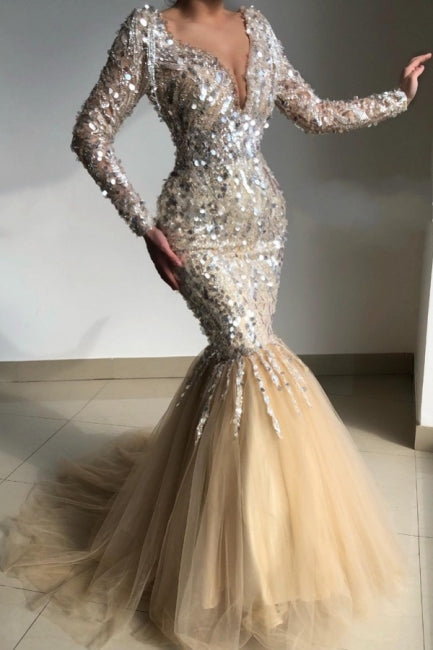Hermosos vestidos de fiesta de sirena con escote en V, manga larga y lentejuelas hasta el suelo