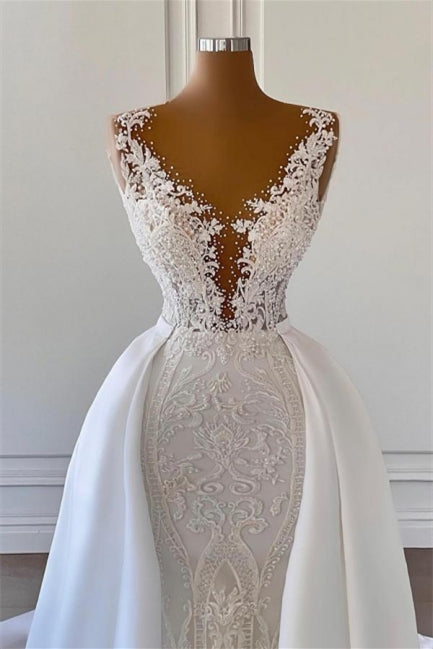 Wunderschönes ärmelloses A-Linien-Brautkleid mit V-Ausschnitt und abnehmbarer Schleppe