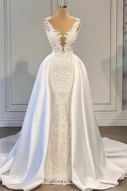 Wunderschönes ärmelloses A-Linien-Brautkleid mit V-Ausschnitt und abnehmbarer Schleppe
