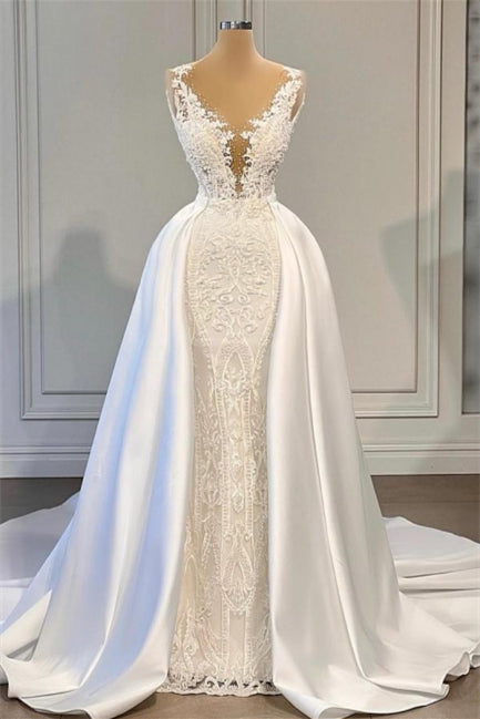 Wunderschönes ärmelloses A-Linien-Brautkleid mit V-Ausschnitt und abnehmbarer Schleppe