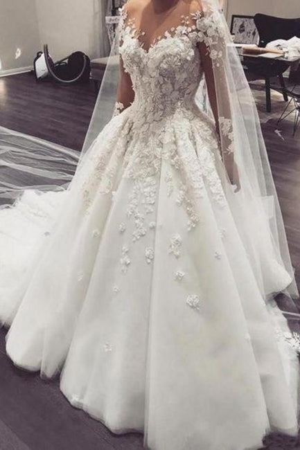 Wunderschönes weißes Brautkleid aus floraler 3D-Spitze, Rundhalsausschnitt, A-Linien-Brautkleid aus Tüll mit langen Ärmeln 