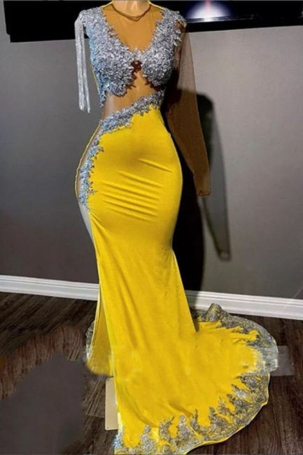 Hermoso vestido de fiesta de sirena con borlas amarillas, largo hasta el suelo, manga larga y abertura