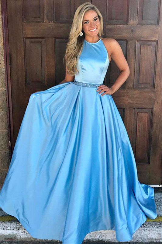 Anmutiges langes A-Linien-Ballkleid aus Satin in Blau