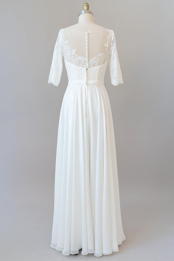 Elegante vestido de novia largo de gasa con encaje y corte en A con mangas