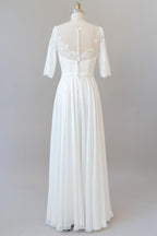 Elegante vestido de novia largo de gasa con encaje y corte en A con mangas
