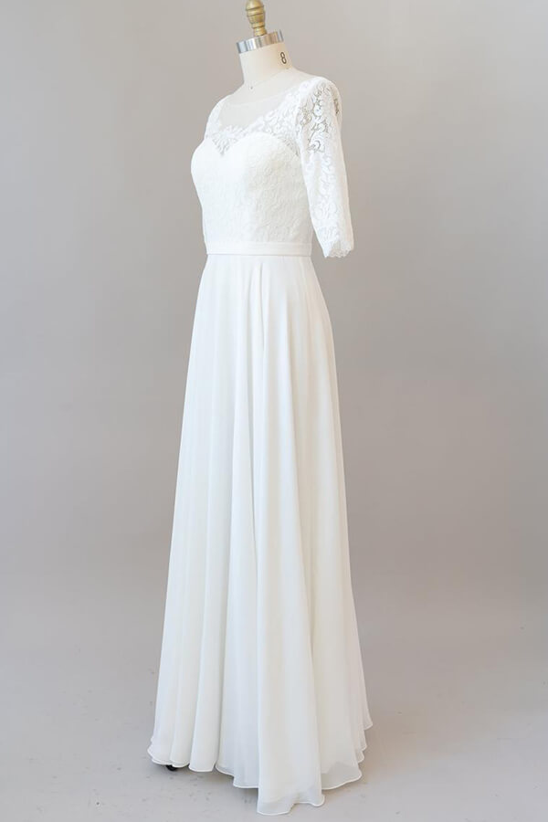 Elegante vestido de novia largo de gasa con encaje y corte en A con mangas
