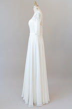 Elegante vestido de novia largo de gasa con encaje y corte en A con mangas