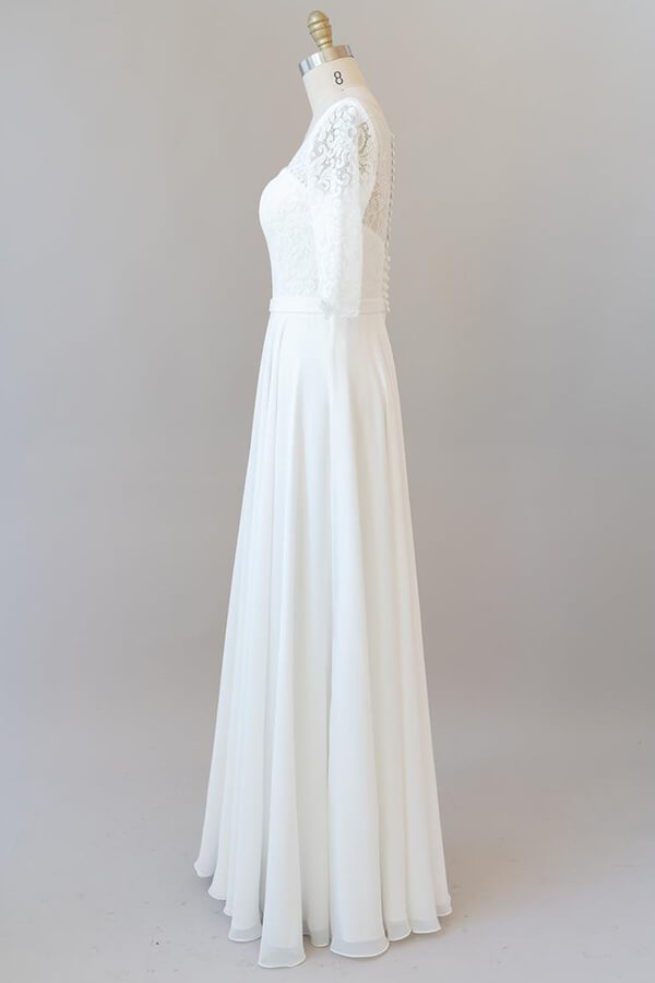 Elegante vestido de novia largo de gasa con encaje y corte en A con mangas