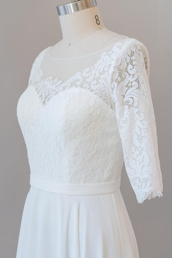 Elegante vestido de novia largo de gasa con encaje y corte en A con mangas