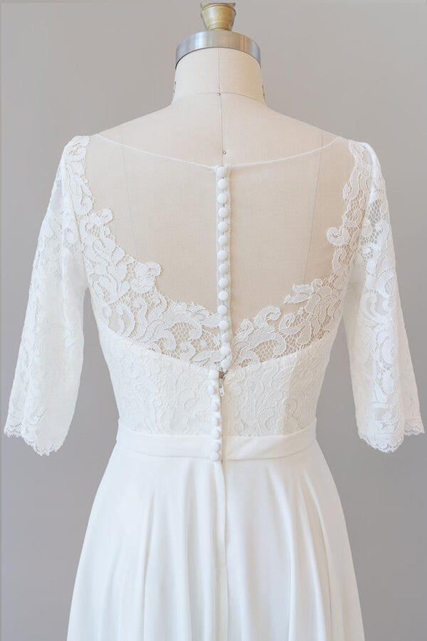 Elegante vestido de novia largo de gasa con encaje y corte en A con mangas