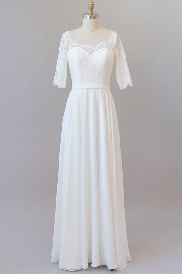 Elegante vestido de novia largo de gasa con encaje y corte en A con mangas