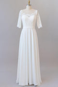 Elegante vestido de novia largo de gasa con encaje y corte en A con mangas