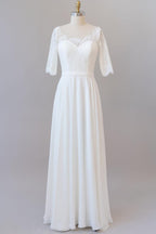 Elegante vestido de novia largo de gasa con encaje y corte en A con mangas